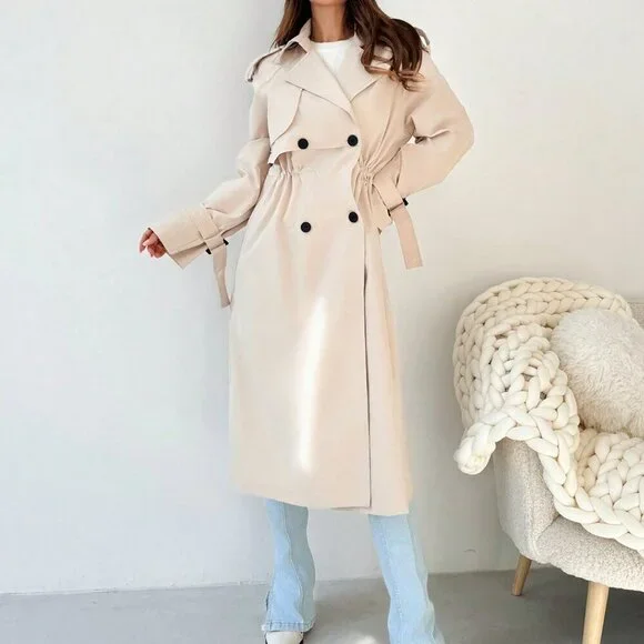 Khaki Elegant Women's Cinched Waist Double Breasted Mid-Length Trench Coat - Picture 8 of 8